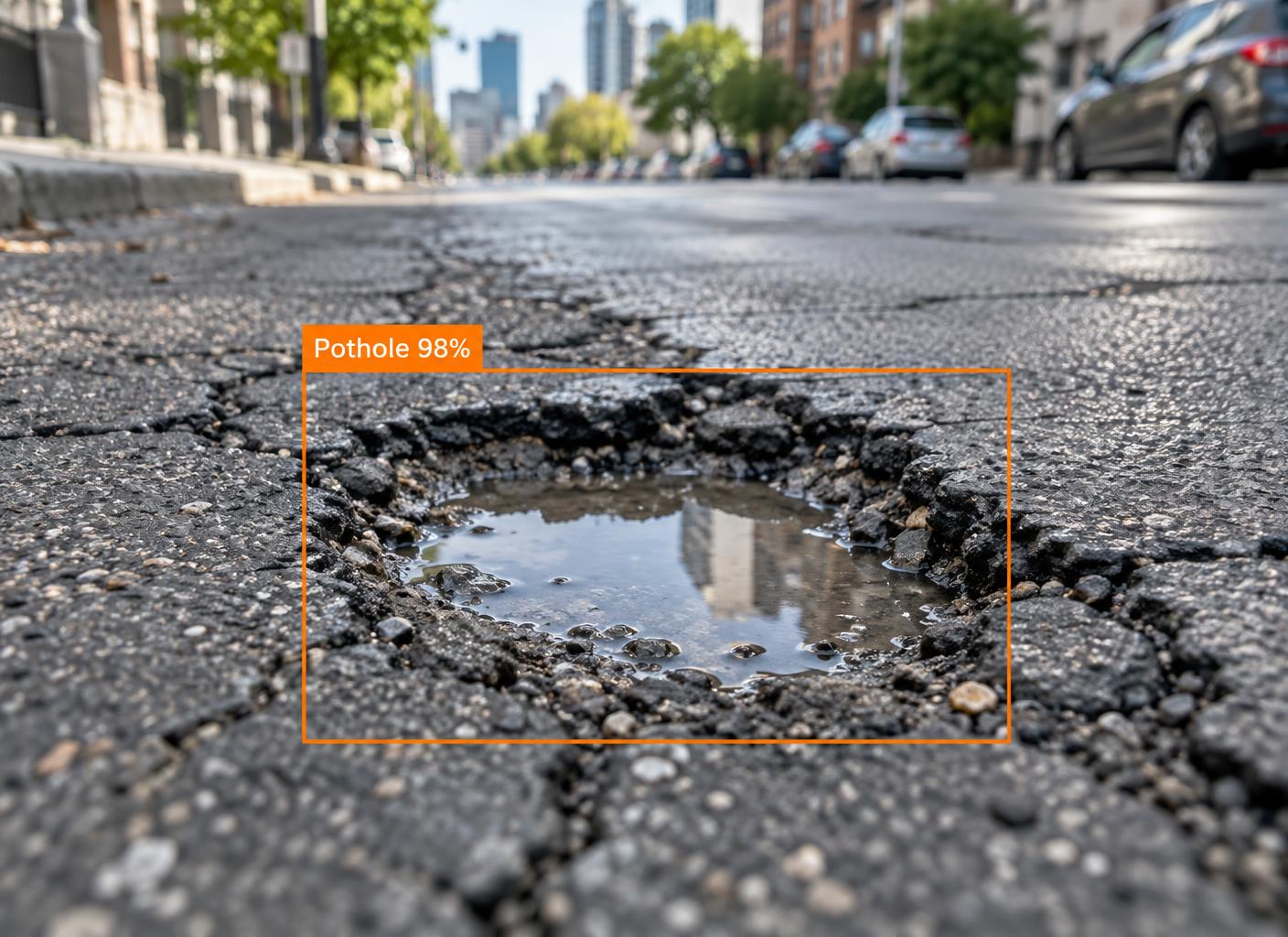 City road with a pothole outlined by a detection bounding box labelled 98% confidence